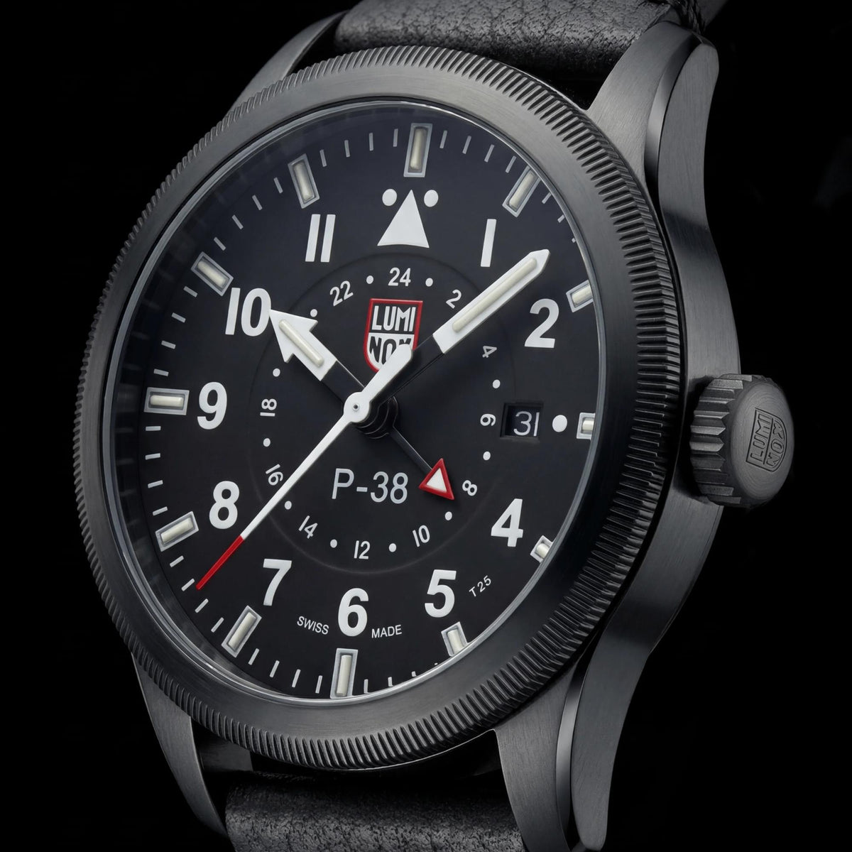 Luminox P-38 Lightning 'Air Pilot' 42mm GMT Black Dial Leather Mens Quartz Watch XA.9531