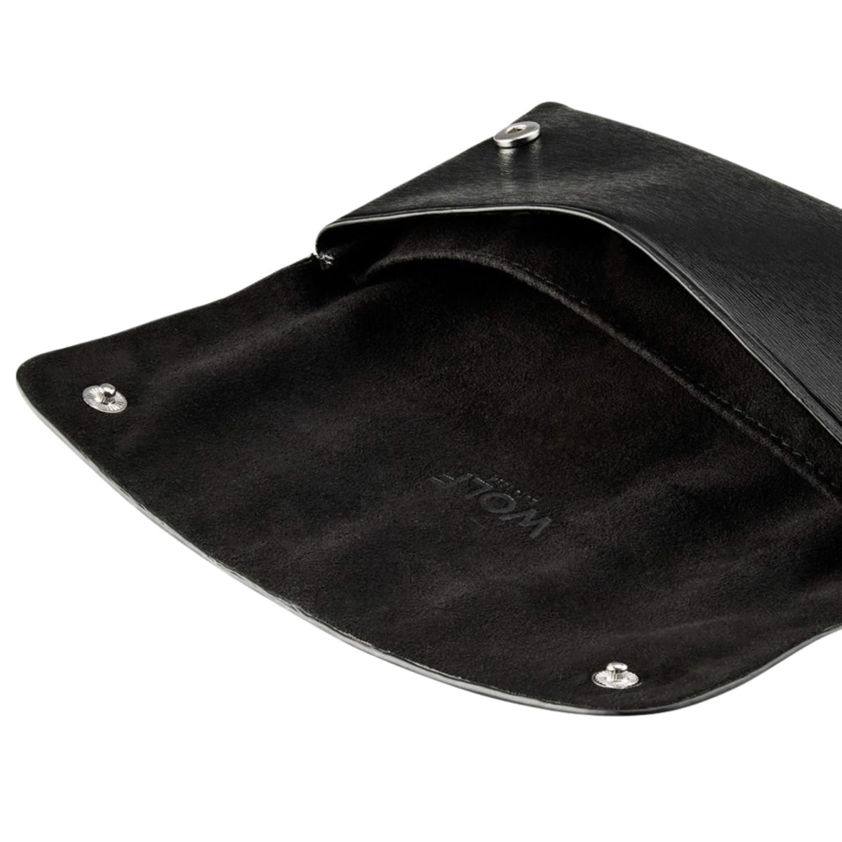 WOLF Philipp 190207 open interior view displaying black lining, press stud fasteners, and debossed brand logo