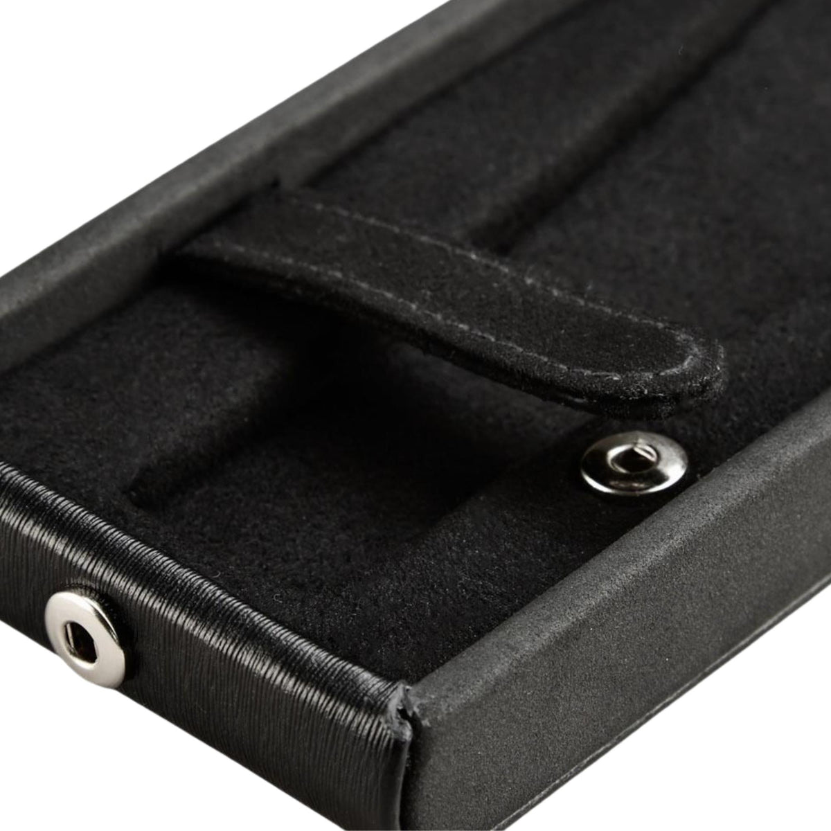 WOLF Philipp 190203 close-up detail shot of interior black suede lining, strap securing flap, and metal stud button