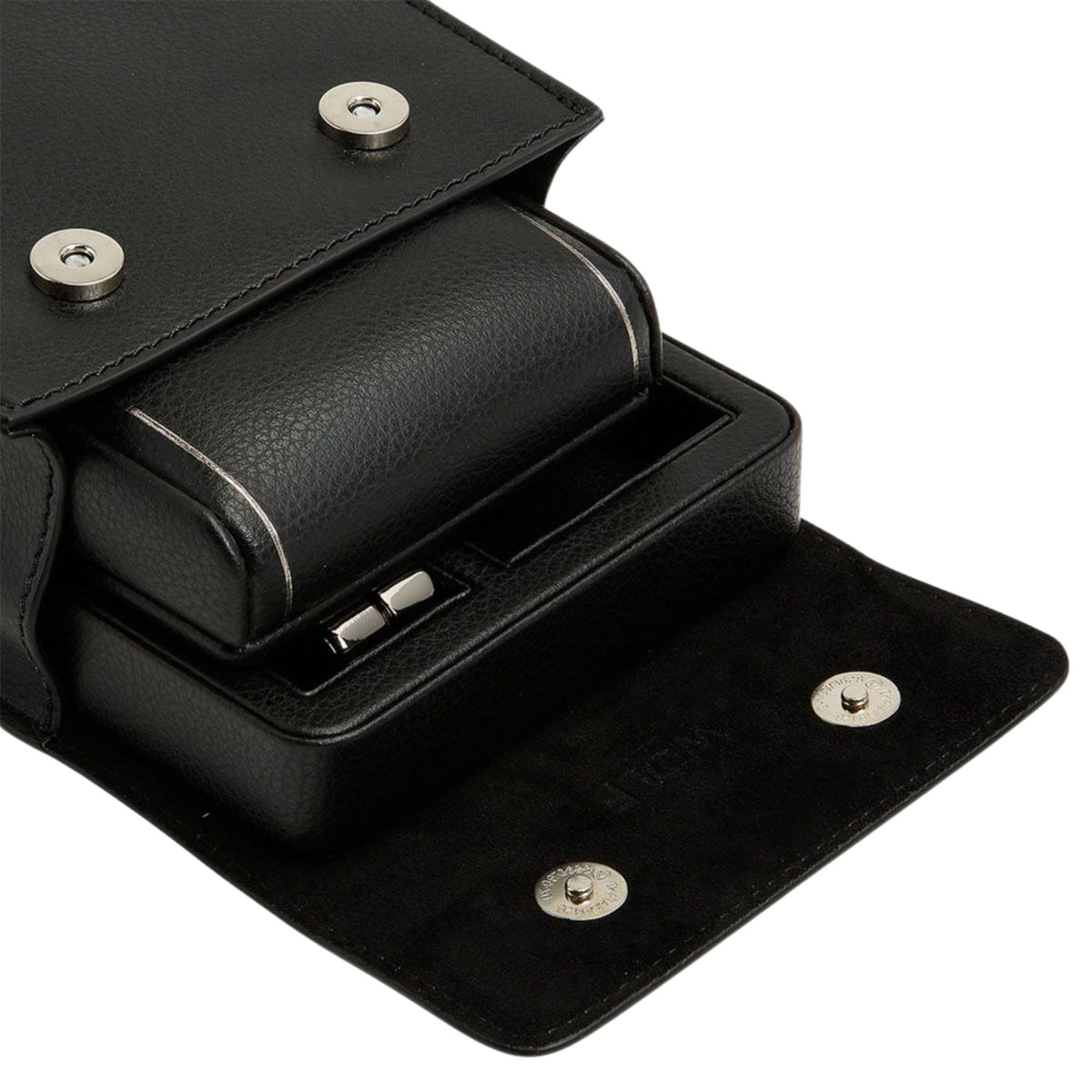 WOLF British Racing 485402 close-up detail shot of folded watch stand inside black leather travel case with magnetic snap closures