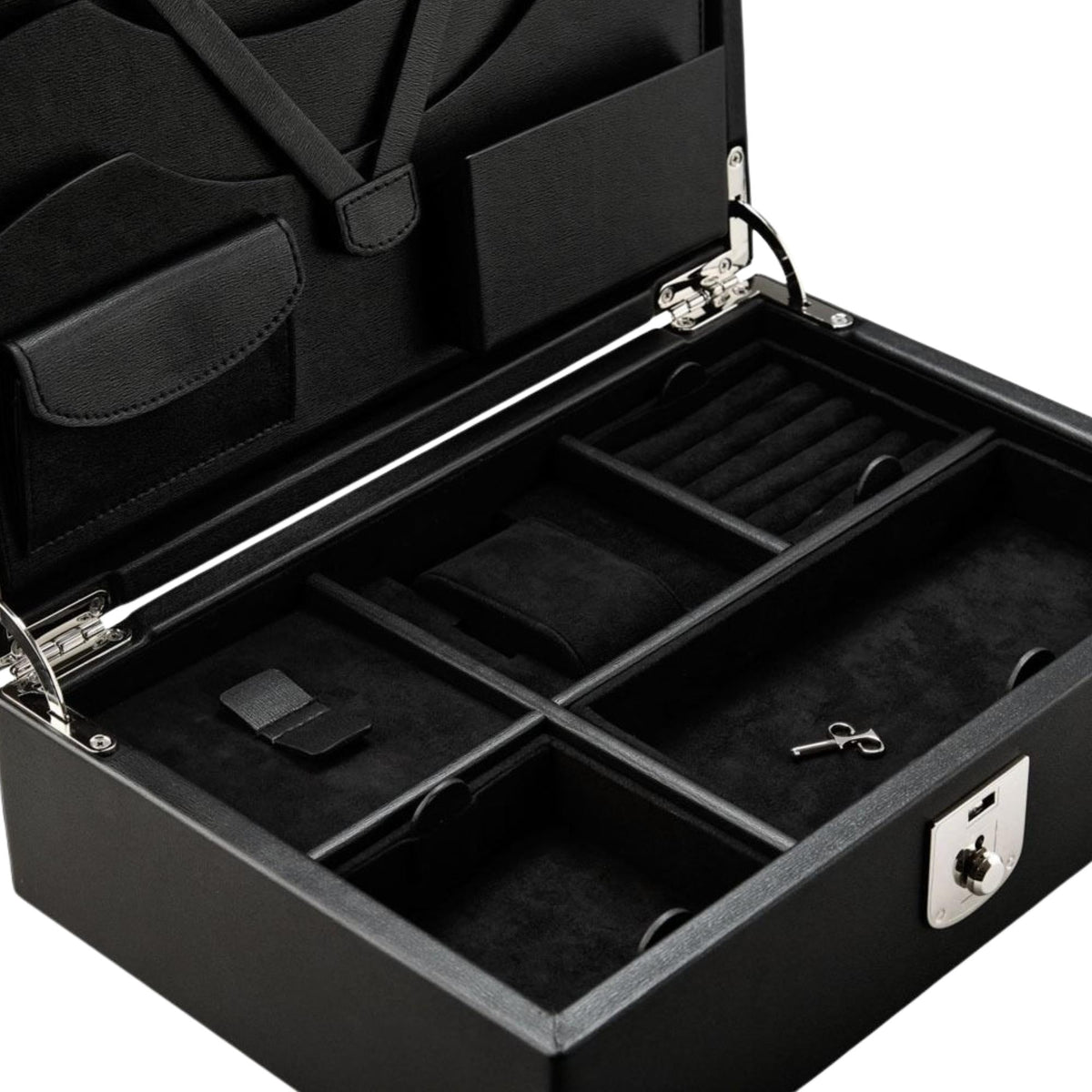 WOLF Philipp 190202 close-up interior perspective view displaying black suede compartments, watch slot, and key