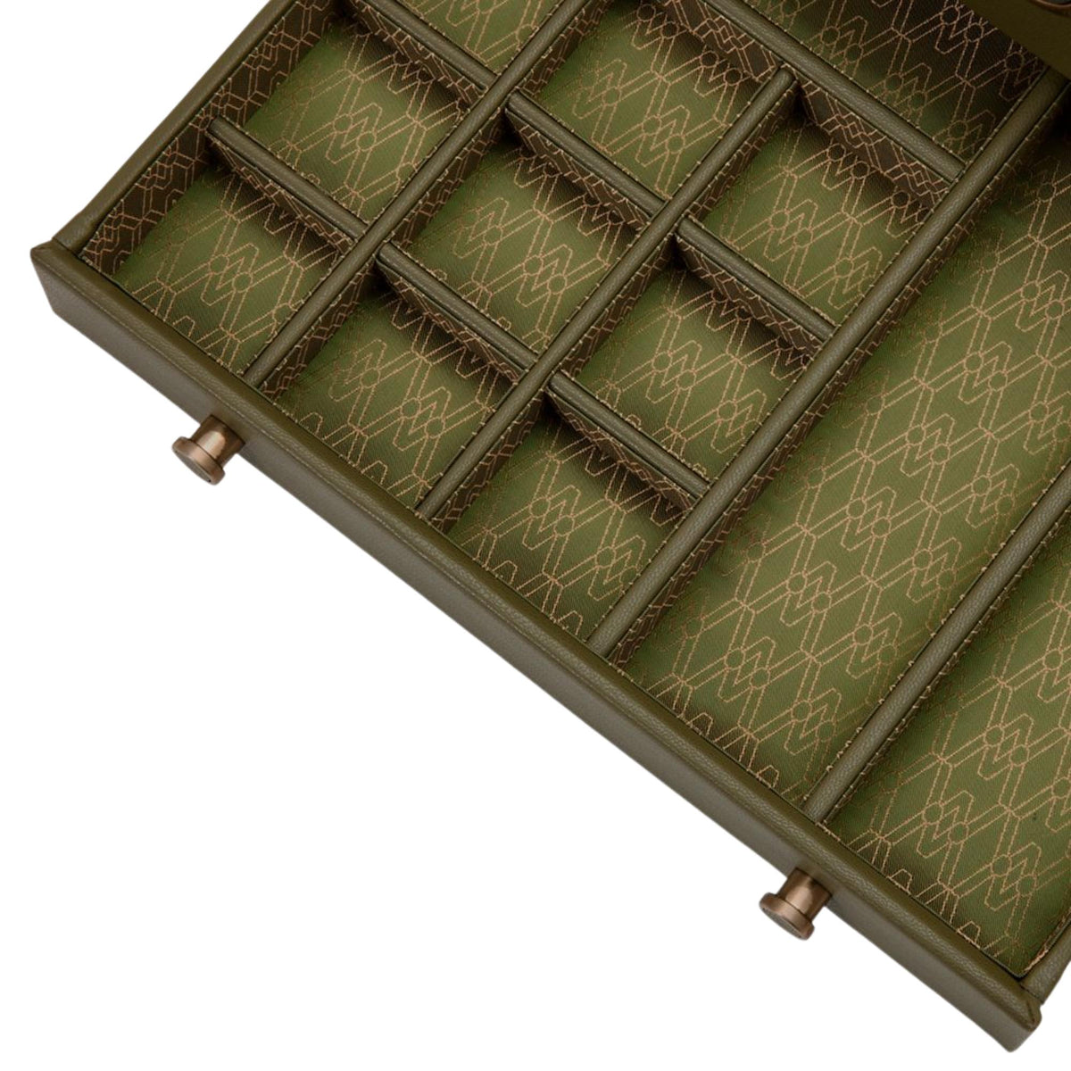 WOLF Earth 190741 overhead close-up shot of open pull-out drawer compartments lined with patterned olive fabric