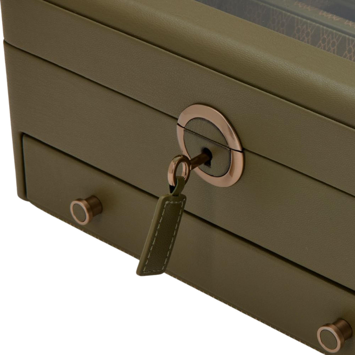 WOLF Earth 190741 macro detail view showing key with leather tag inserted into circular metallic front lock hardware