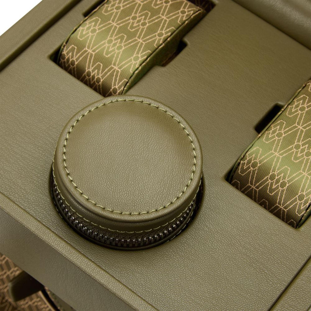 WOLF Earth 190th Anniversary 190341 top interior detail view showing olive leather storage compartment and zipped capsule