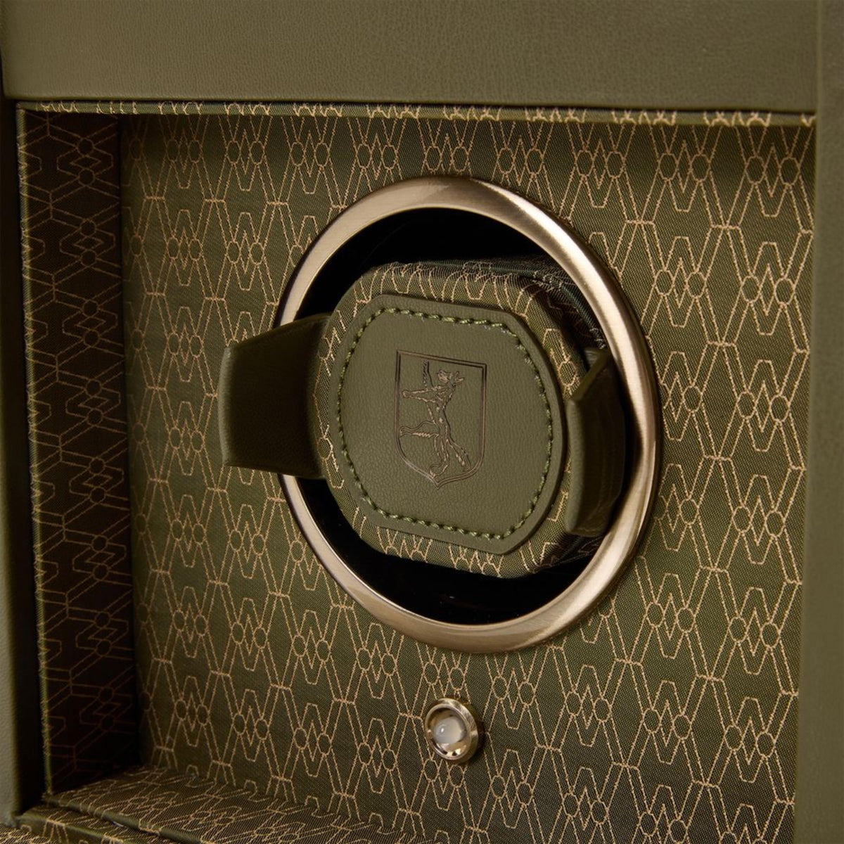WOLF Earth 190th Anniversary 190341 close-up view of winding drum module, patterned fabric backing, and cuff cushion