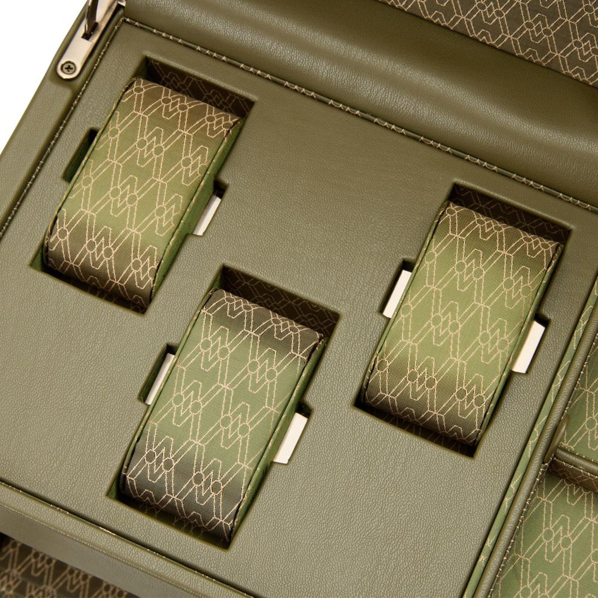 WOLF Earth 190th Anniversary 190441 close-up top view of interior storage compartment with patterned olive watch cushions