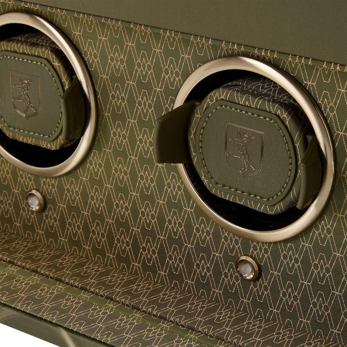 WOLF Earth 190th Anniversary 190541 close-up shot of winding drum modules with debossed crest logos and patterned backdrop