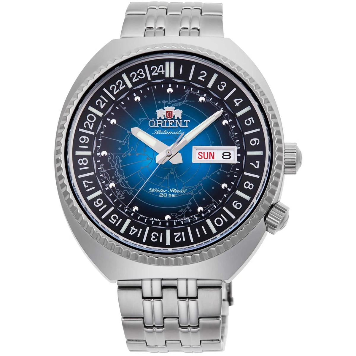 Orient World Map RA-AA0E03L39B front view of 43.5mm blue dial mens automatic watch with world map graphic and steel bracelet