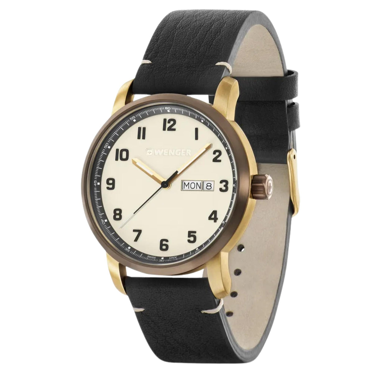 Wenger Attitude 01.1541.124 three-quarter perspective showing cream dial face, yellow gold-tone steel case, and leather strap