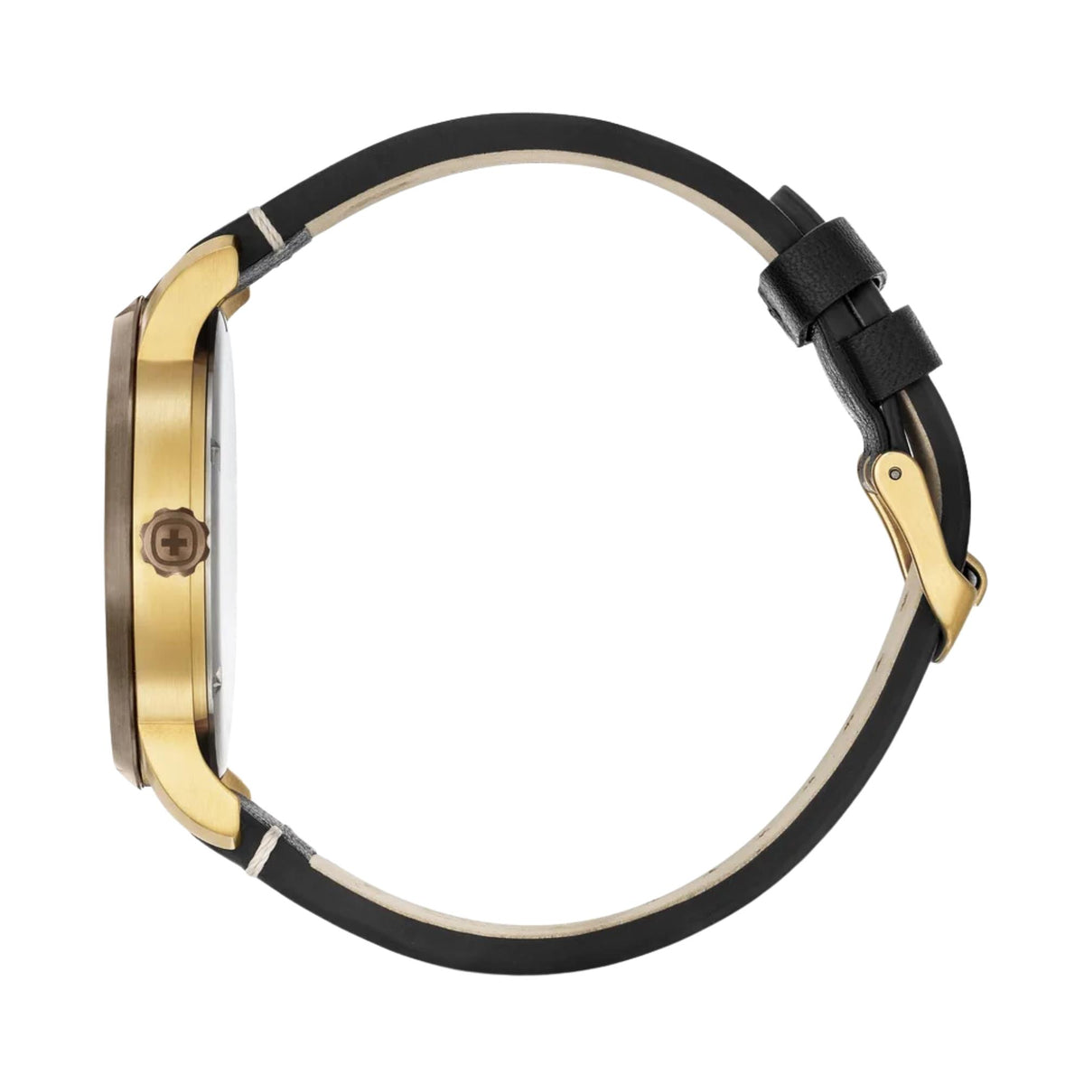 Wenger Attitude 01.1541.124 side profile view displaying yellow gold-tone steel case edge, crown logo, and leather strap loop
