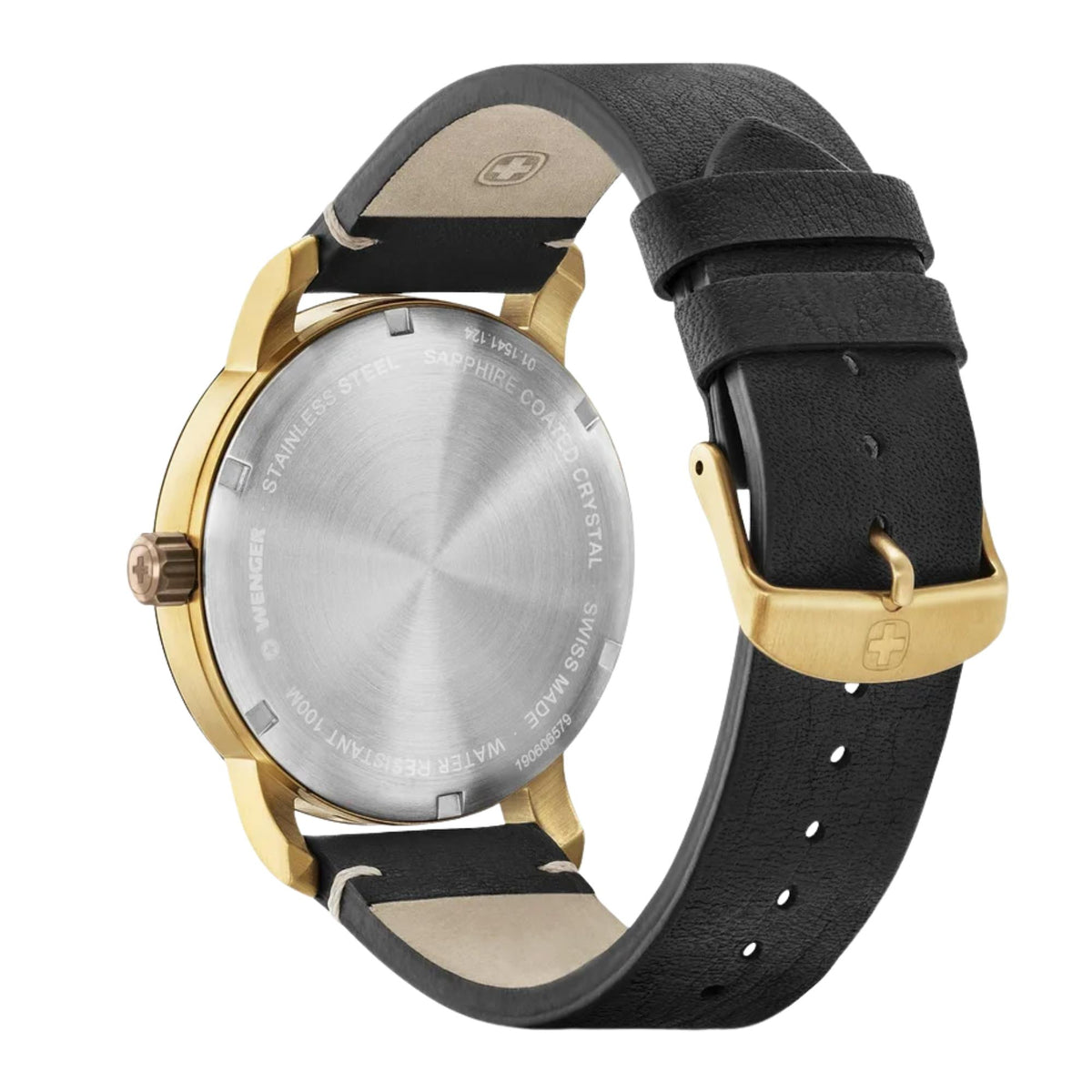 Wenger Attitude 01.1541.124 back view showing stainless steel case back, specifications, and yellow gold-tone buckle