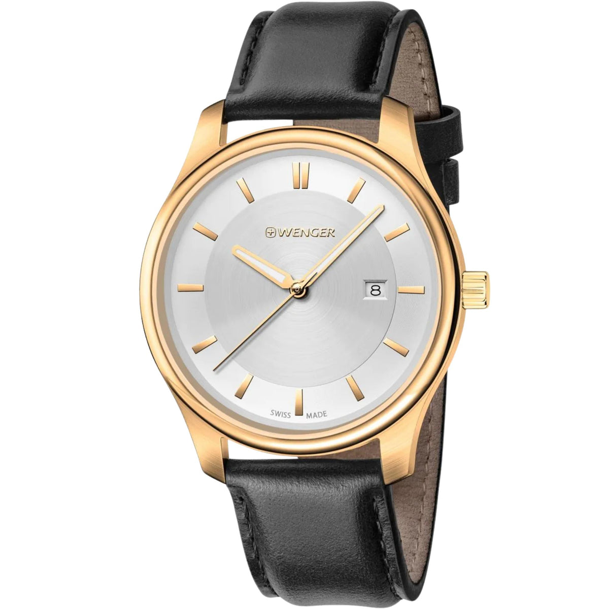 Wenger City Classic 01.1421.101 three-quarter view showing 34mm silver dial ladies quartz watch with yellow gold-tone steel case and leather strap