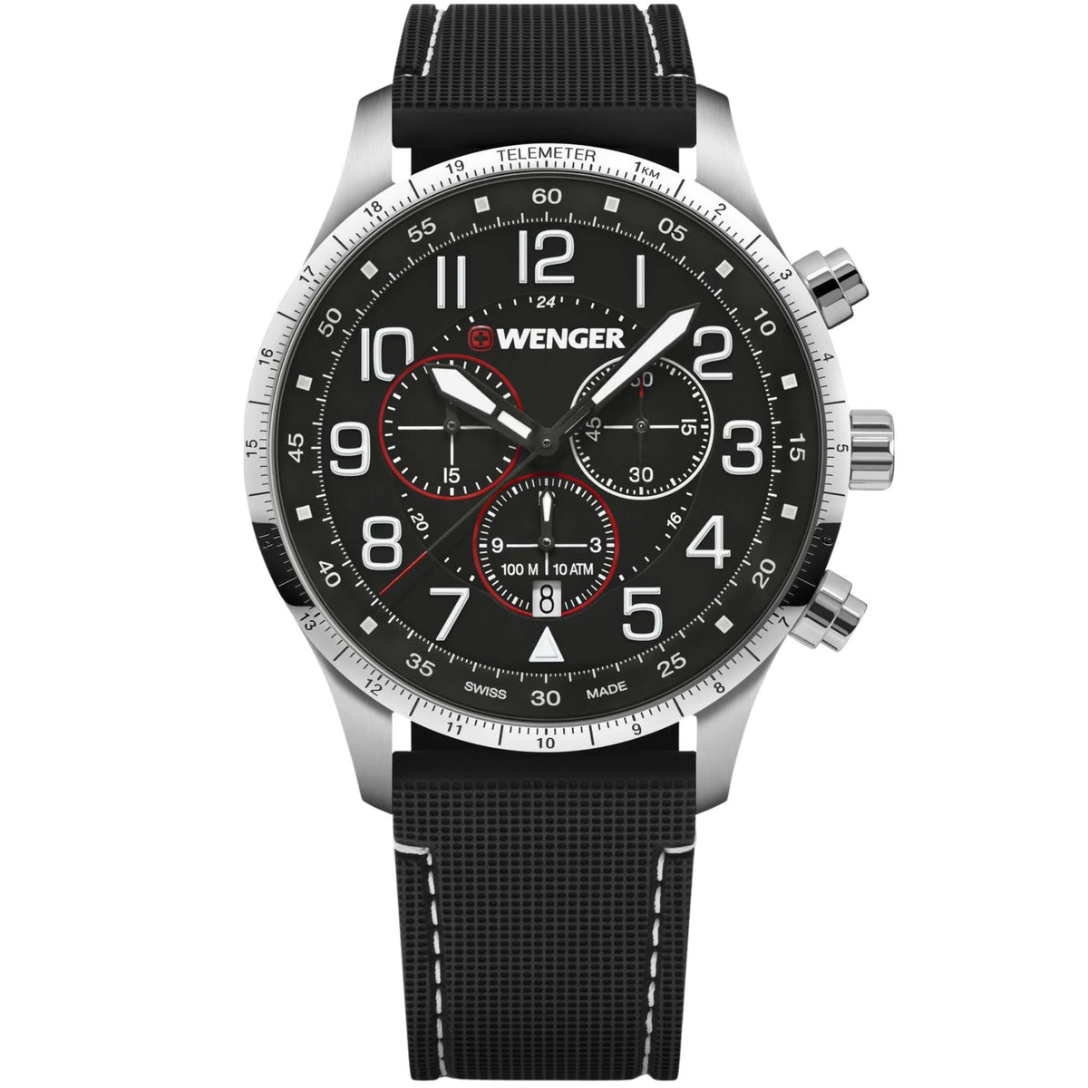 Wenger Attitude 01.1543.119 front view of 44mm chronograph black dial mens quartz watch with silicone strap