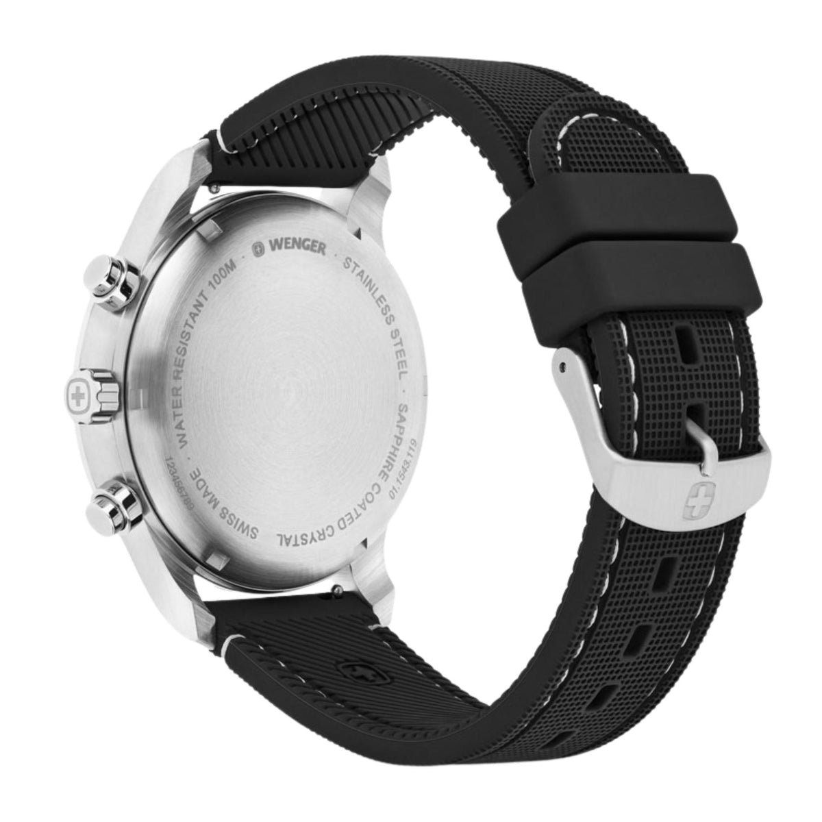 Wenger Attitude 01.1543.119 back view displaying engraved steel case back, pushers, and silicone strap pin buckle