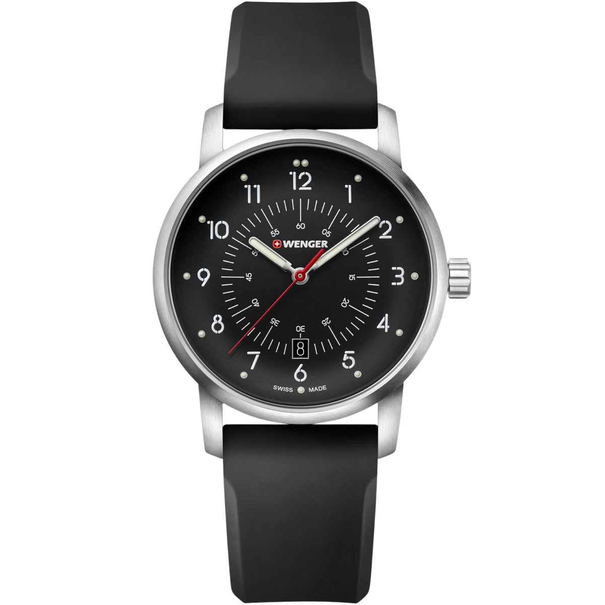 Wenger Avenue 01.1641.115 front view of 42mm black dial mens quartz watch with date aperture and silicone strap