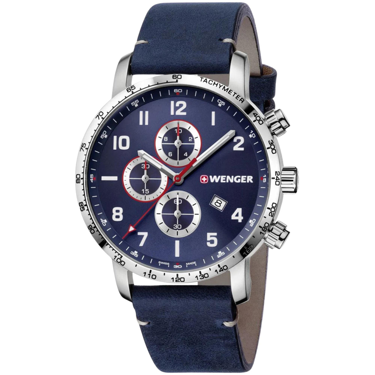Wenger Attitude 01.1543.109 three-quarter view showing blue dial face, sub-dials, steel case, pushers, and leather strap