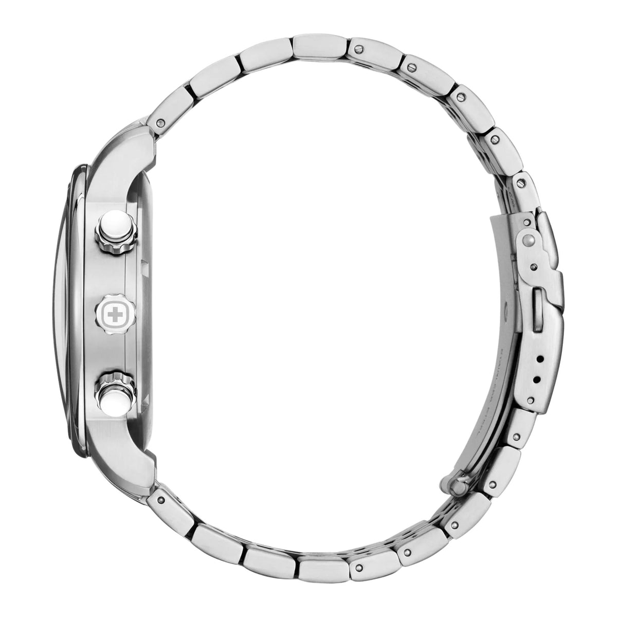 Wenger Urban Classic 01.1743.124 side profile view highlighting steel case profile, pushers, crown logo, and link strap