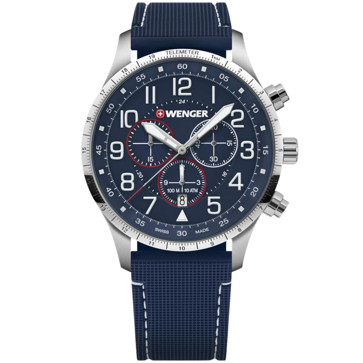 Wenger Attitude 01.1543.117 front view of 44mm chronograph blue dial mens quartz watch with silicone strap