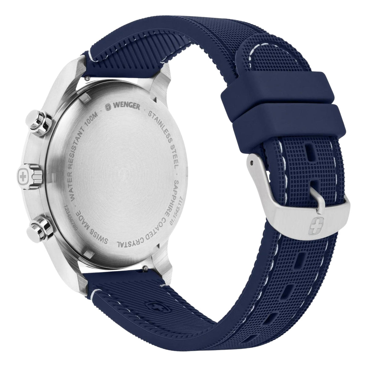 Wenger Attitude 01.1543.117 back view displaying engraved stainless steel case back, pushers, and silicone strap pin buckle