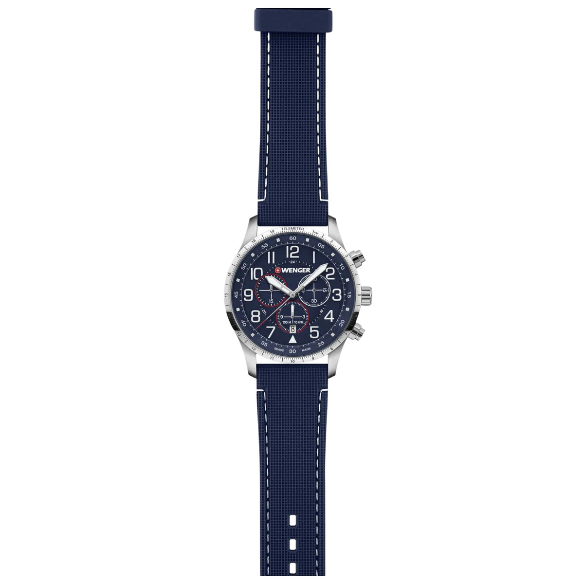 Wenger Attitude 01.1543.117 full length view showing blue chronograph dial, steel case, and textured silicone strap