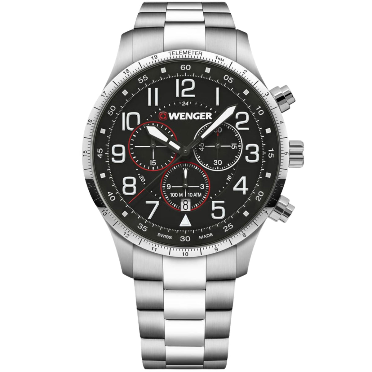 Wenger Attitude 01.1543.120 front view of 44mm chronograph black dial mens quartz watch with telemeter bezel and steel bracelet