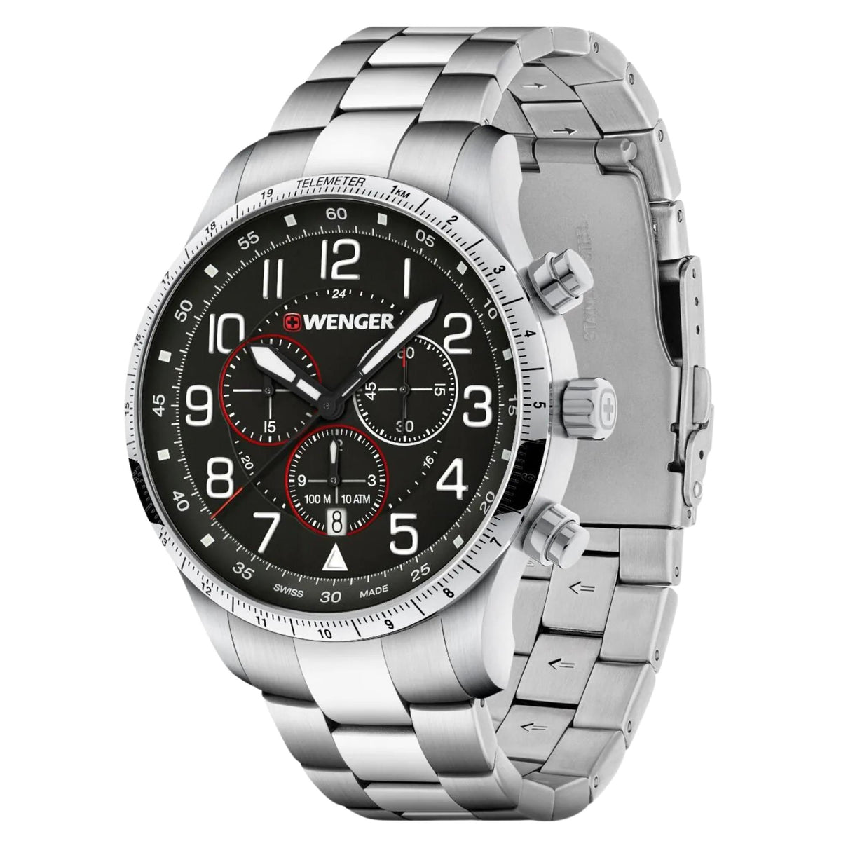 Wenger Attitude 01.1543.120 three-quarter perspective showing black dial face, sub-dials, pushers, and stainless steel link bracelet