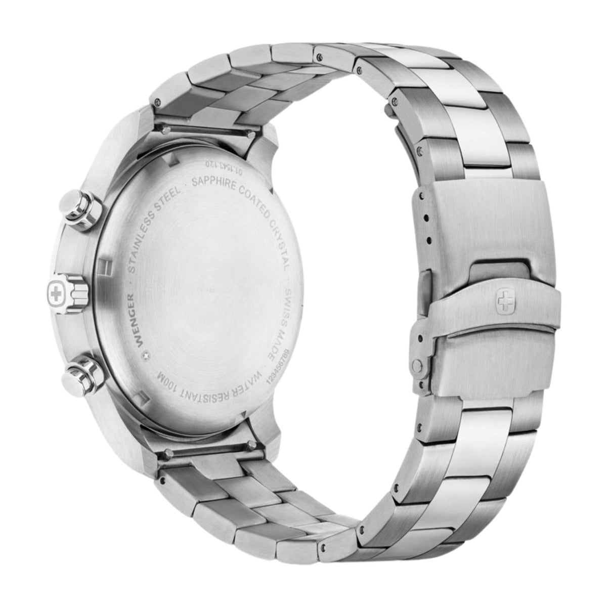 Wenger Attitude 01.1543.120 back view displaying engraved stainless steel case back, crown logo, and folding bracelet clasp