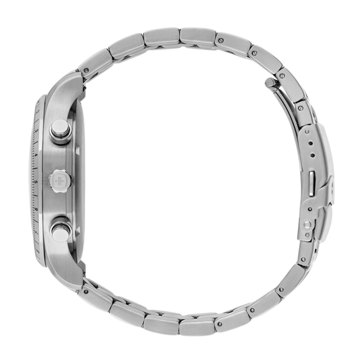 Wenger Attitude 01.1543.120 side profile view highlighting steel case profile, pushers, crown, and link bracelet loop
