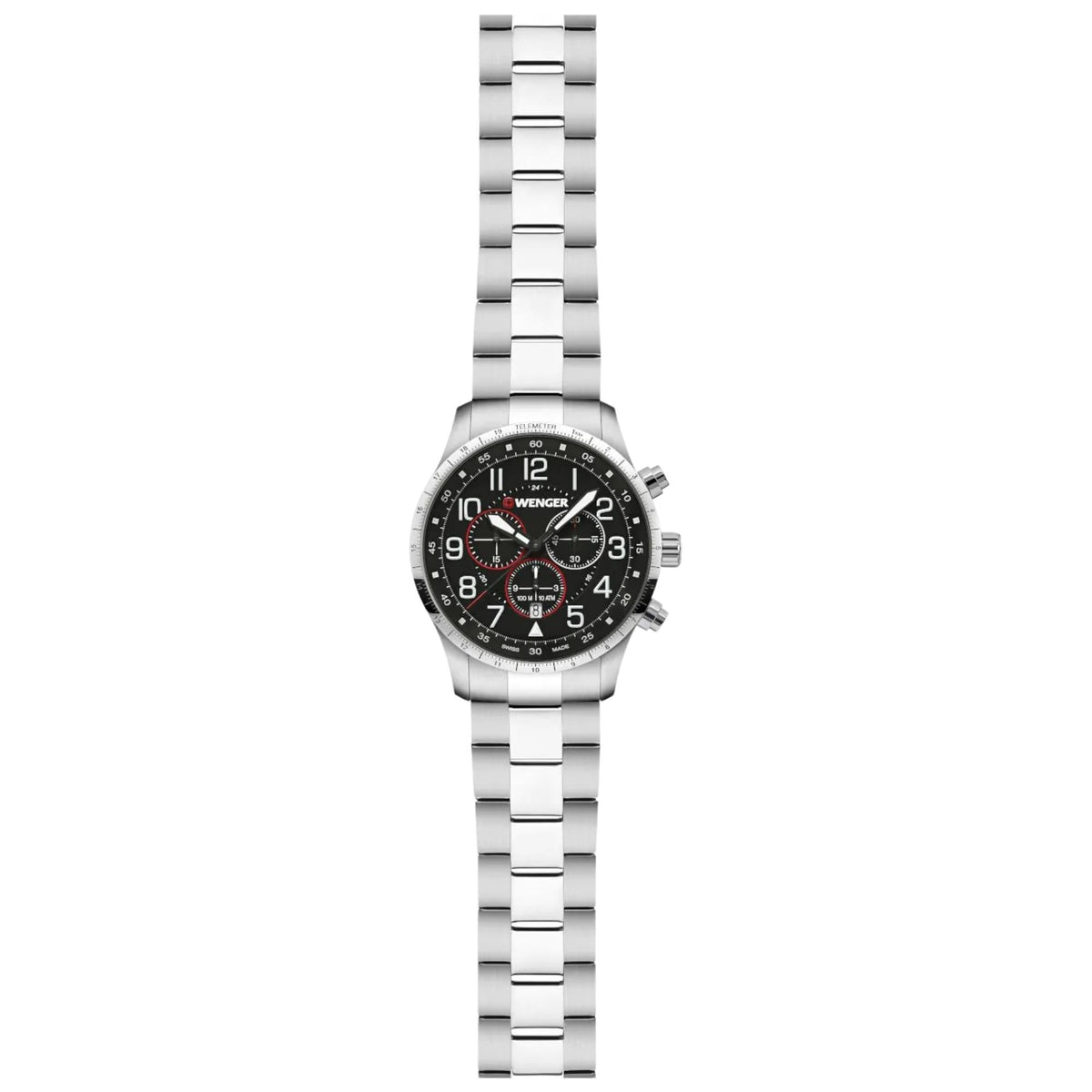 Wenger Attitude 01.1543.120 full length view showing black chronograph dial face, steel case, and link bracelet