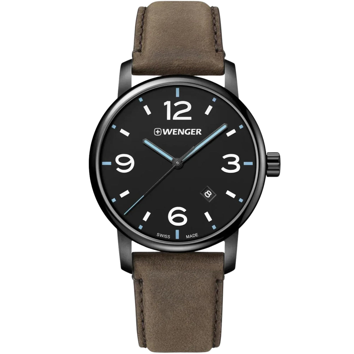 Wenger Urban Metropolitan 01.1741.135 front view of 42mm black dial mens quartz watch with date window and leather strap
