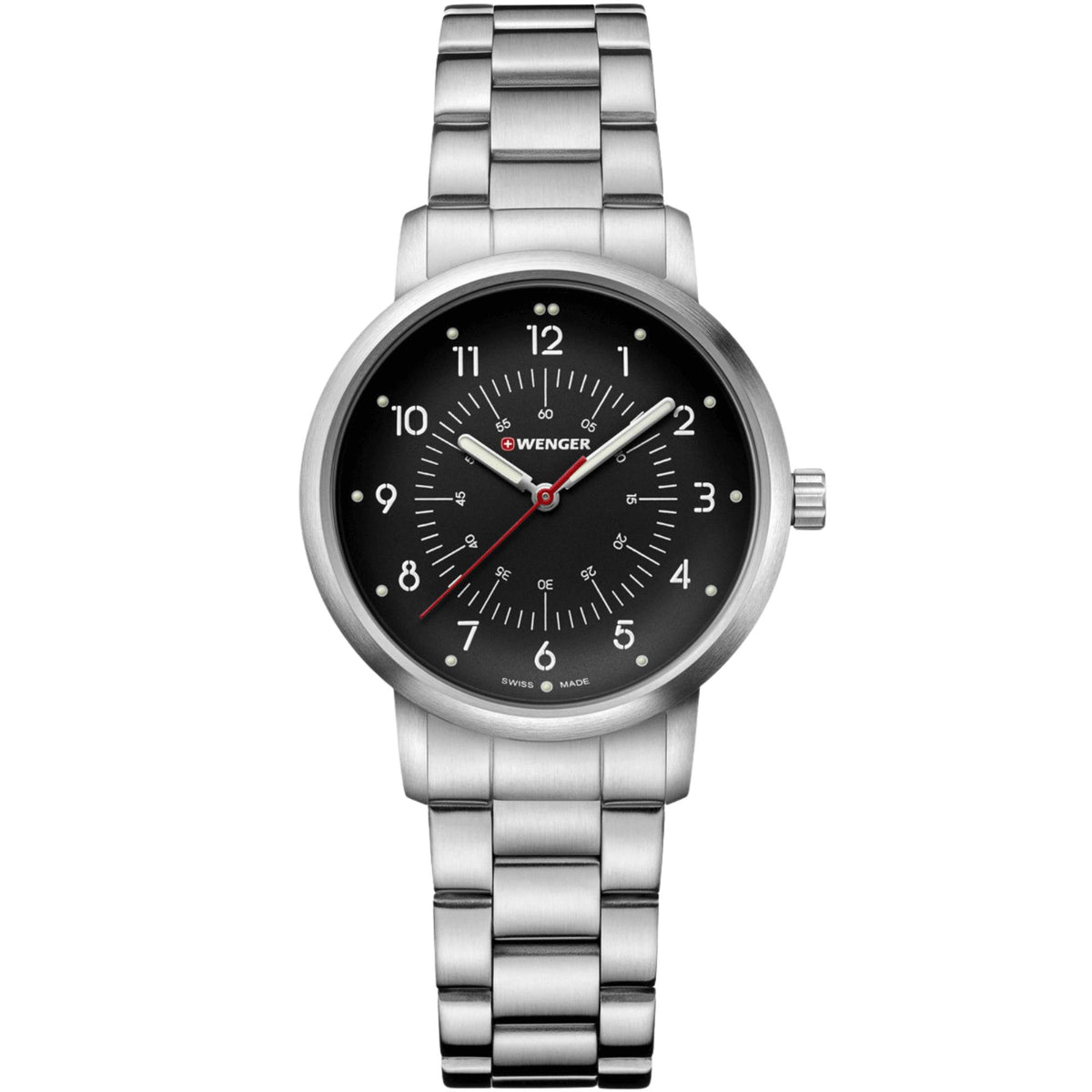 Wenger Avenue 01.1621.114 front view of 35mm black dial ladies quartz watch with stainless steel bracelet