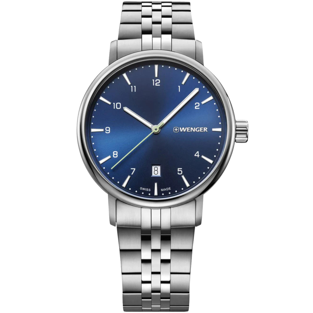 Wenger Urban Classic 01.1731.121 front view of blue dial quartz watch with stainless steel case and link bracelet