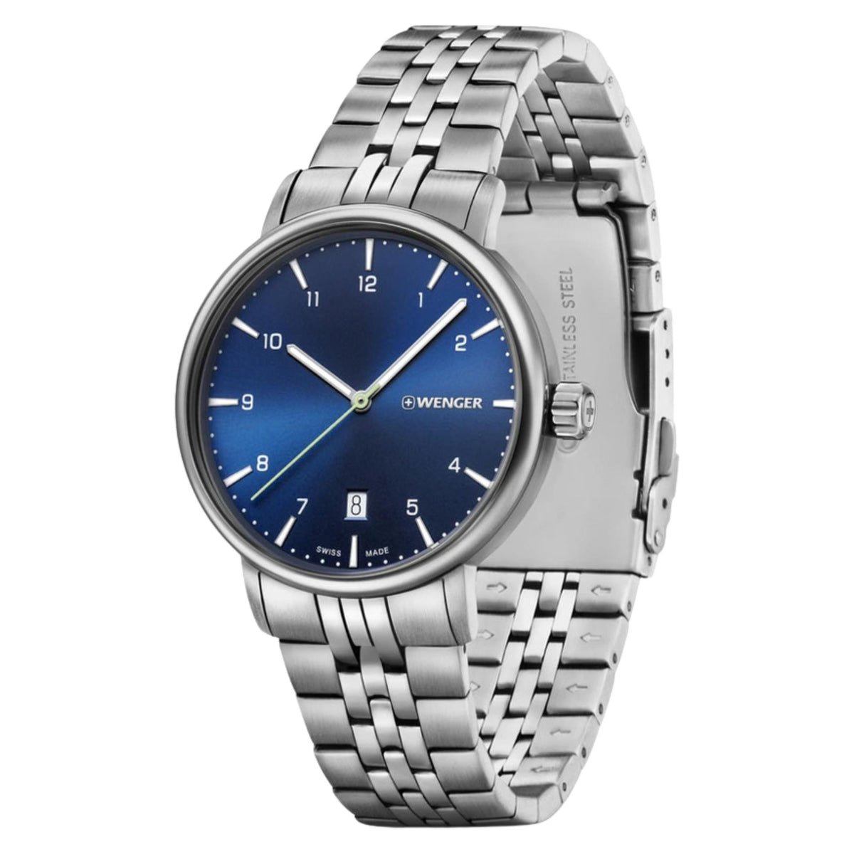 Wenger Urban Classic 01.1731.121 perspective view displaying blue dial, steel bezel, and textured crown