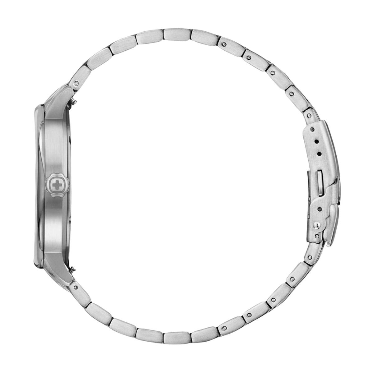 Wenger Urban Classic 01.1731.121 profile view highlighting slim steel case profile and bracelet links