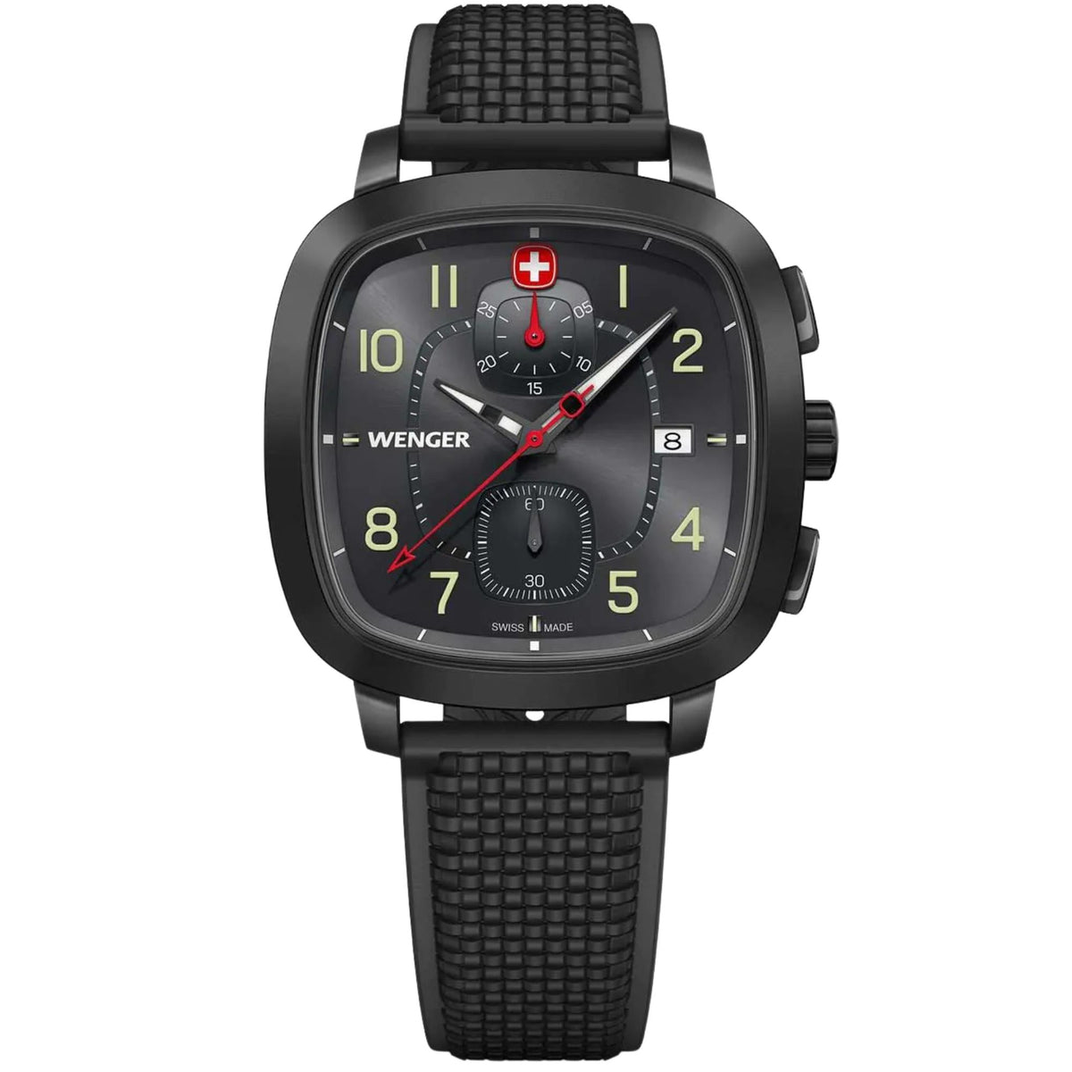 Wenger Vintage Sport 01.1933.114 front view of 39.5mm chronograph grey dial mens quartz watch with cushion case and silicone strap
