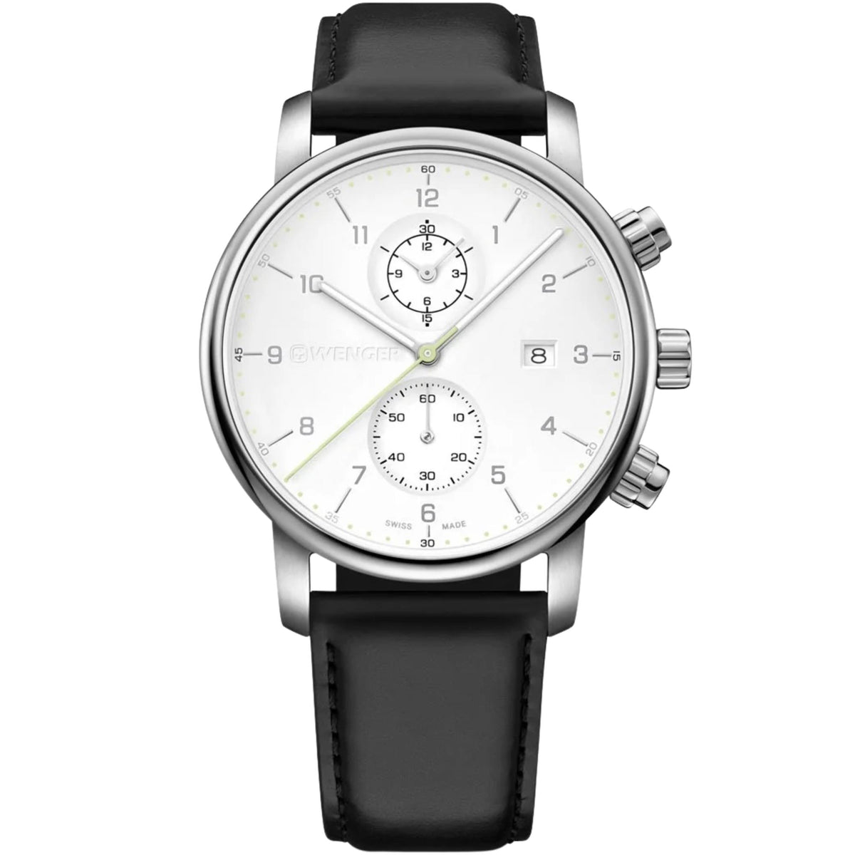 Wenger Urban Classic 01.1743.123 front view of 42mm chronograph white dial mens quartz watch with date window and leather strap