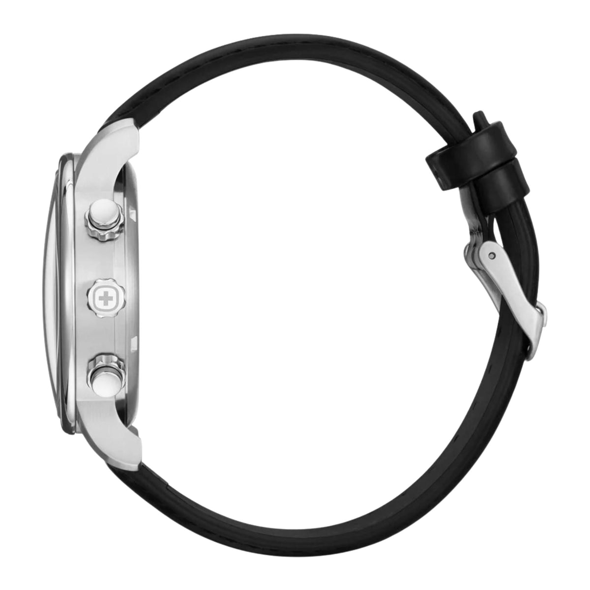 Wenger Urban Classic 01.1743.123 side profile view highlighting steel case profile, pushers, crown logo, and leather strap