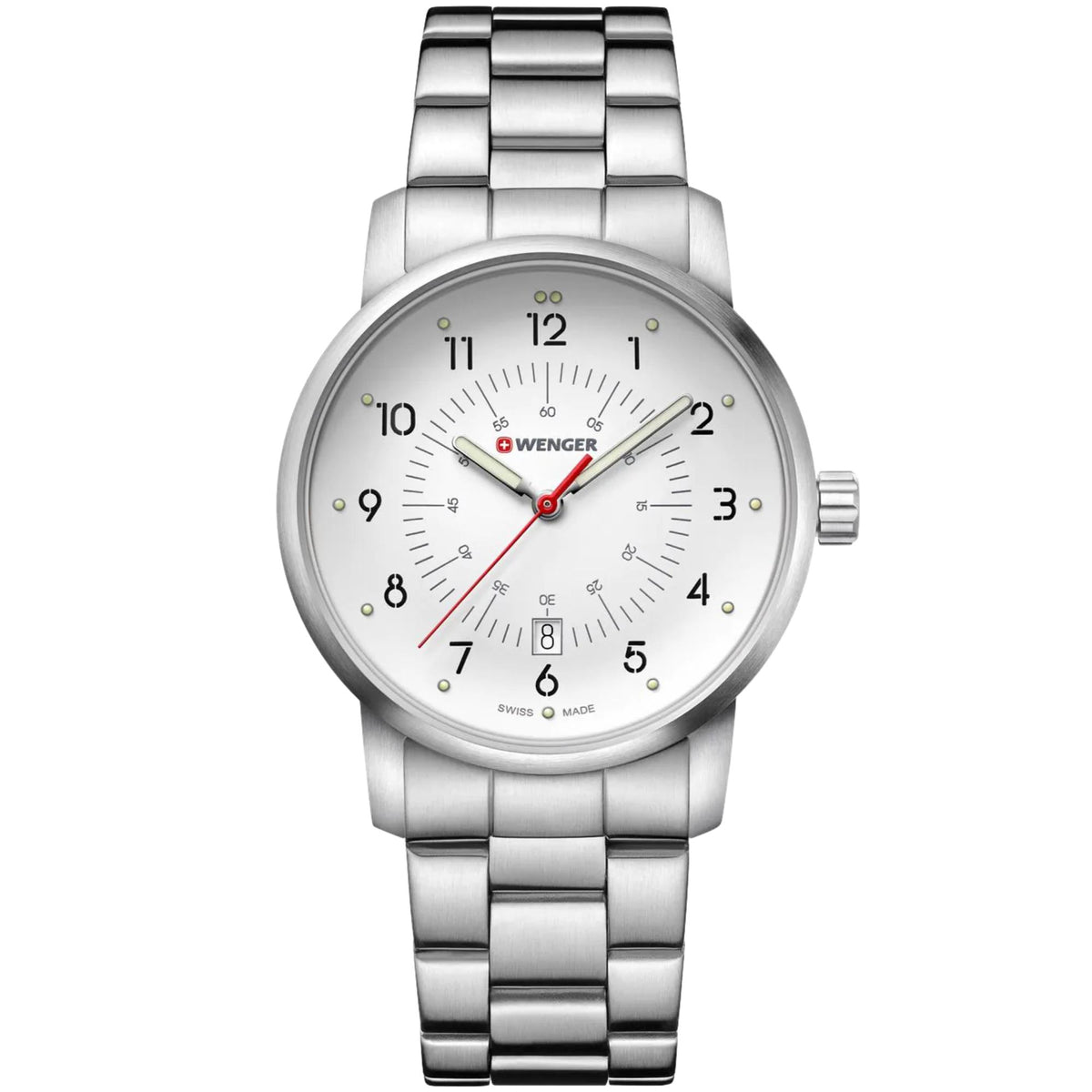 Wenger Avenue 01.1641.114 front view of white dial quartz watch with steel case, red seconds hand, and link bracelet