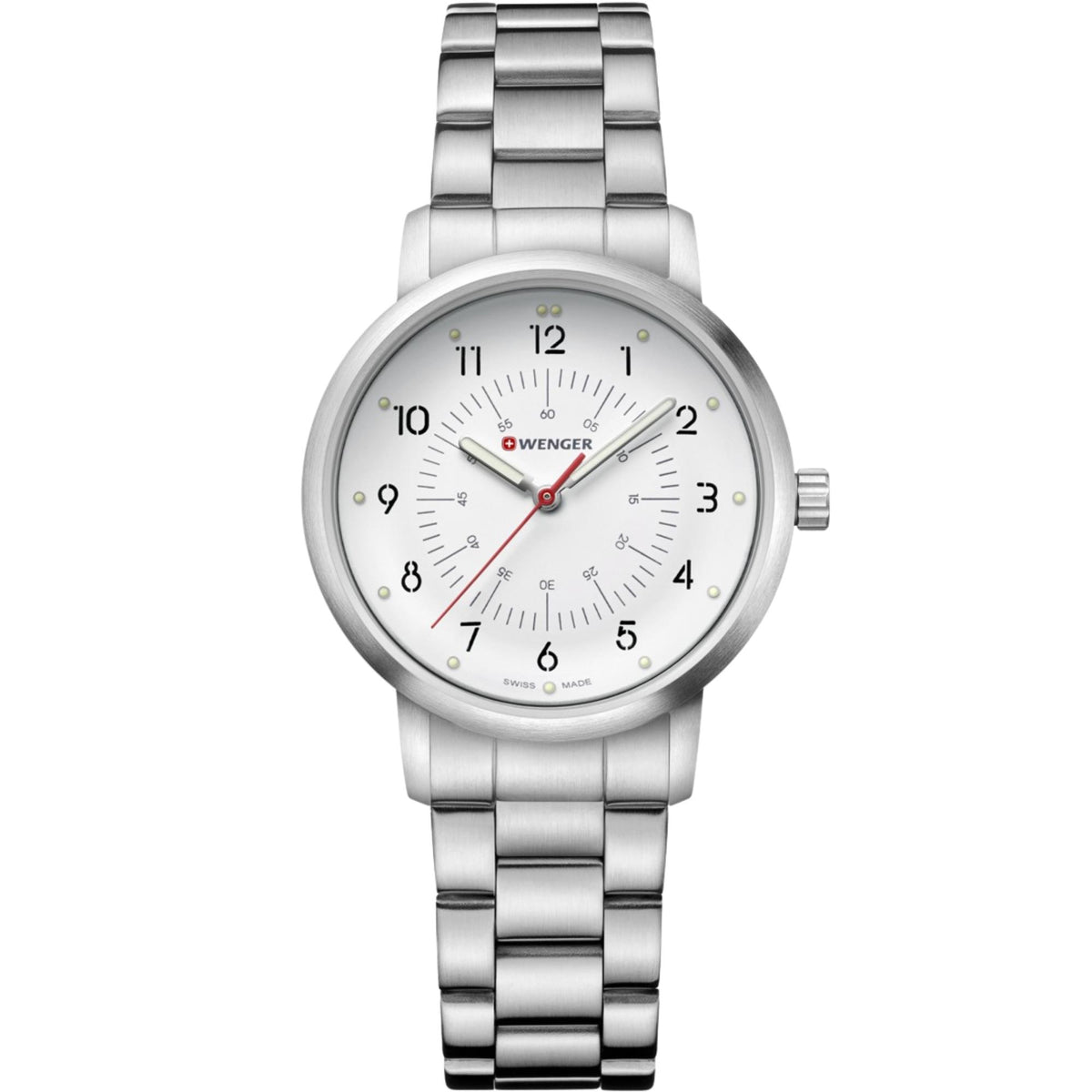 Wenger Avenue 01.1621.110 front view of white dial ladies quartz watch with steel case and link bracelet