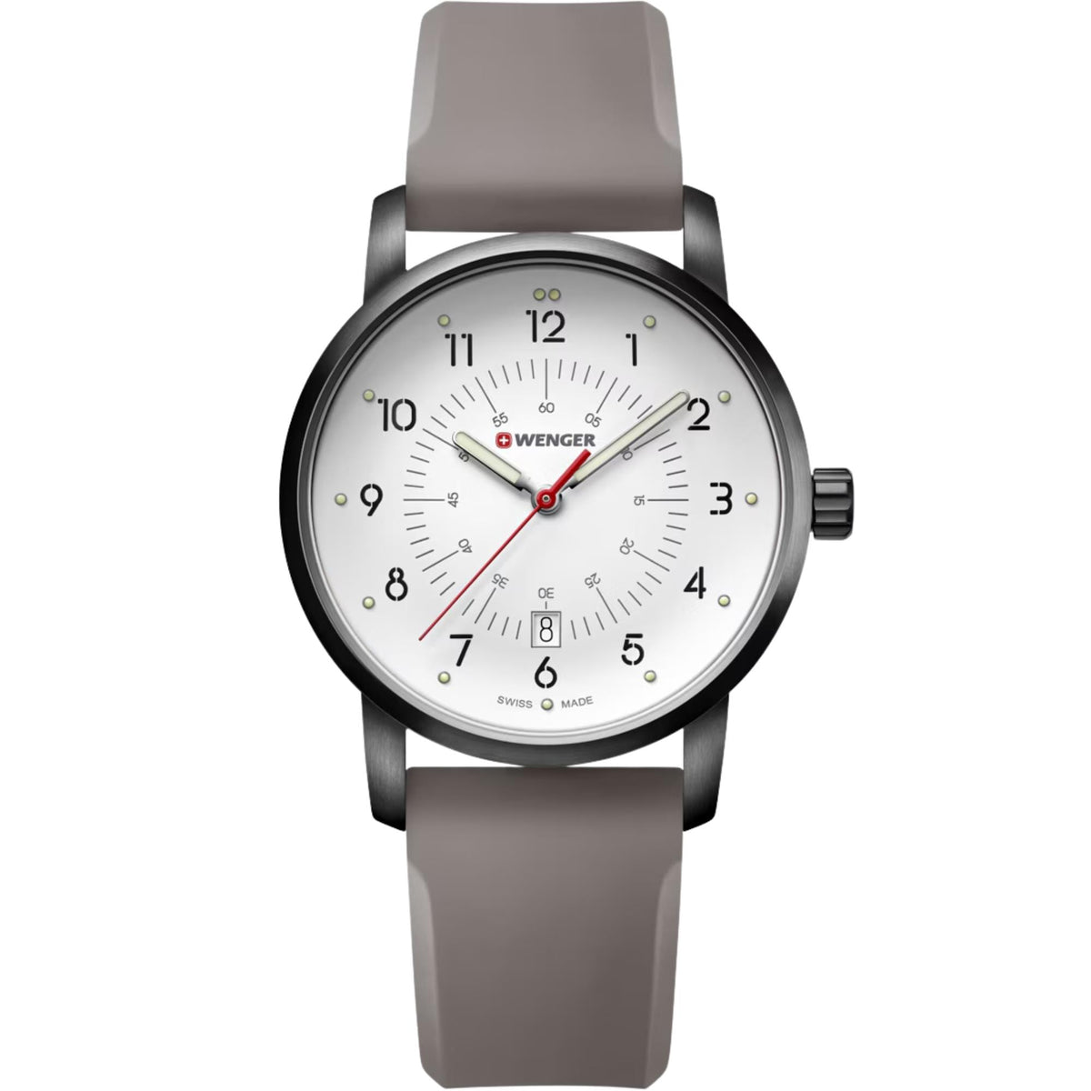 Wenger Avenue 01.1641.121 front studio view of white dial quartz watch with black case and grey silicone strap