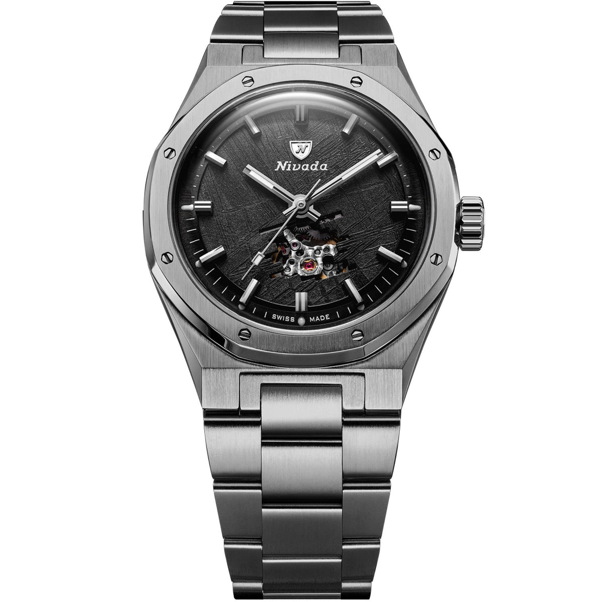 Nivada Grenchen F77 MK2 68052A77 full front view of meteorite dial with open heart display and titanium bracelet