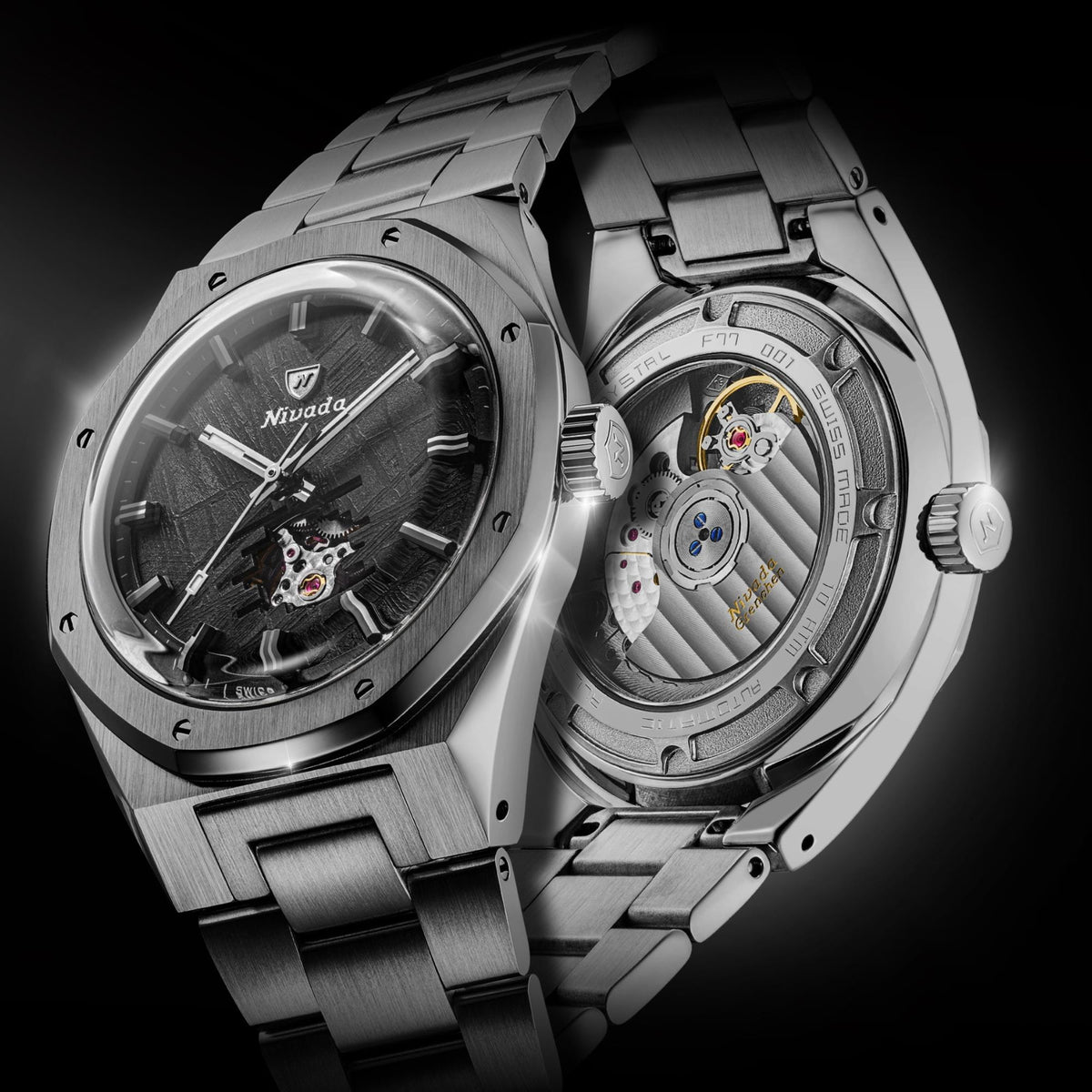 Nivada Grenchen F77 MK2 68052A77 dual shot illustrating both the front open heart dial and transparent sapphire case back