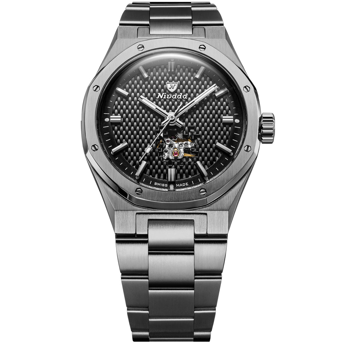 Nivada Grenchen F77 MK2 68023A77 full front view of embossed carbon dial with open heart display and titanium bracelet