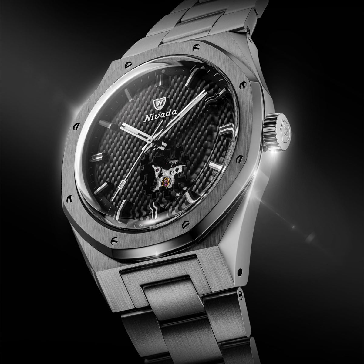 Nivada Grenchen F77 MK2 68023A77 angled profile displaying titanium case finish, octagonal bezel screws, and knurled crown