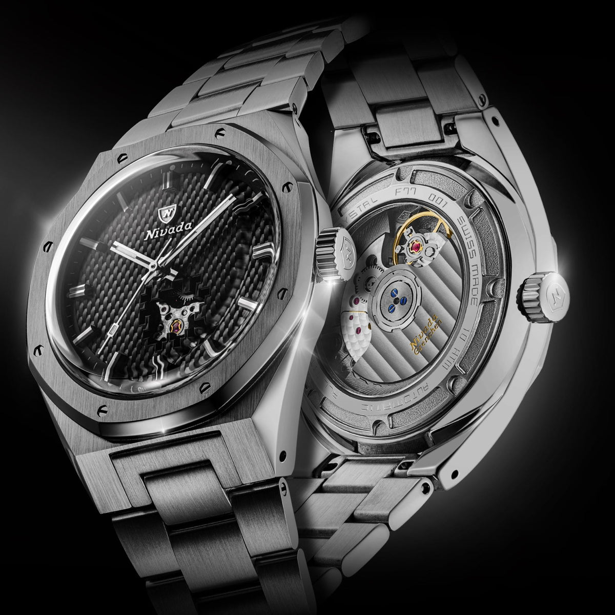 Nivada Grenchen F77 MK2 68023A77 dual shot illustrating both the front open heart dial and transparent sapphire case back