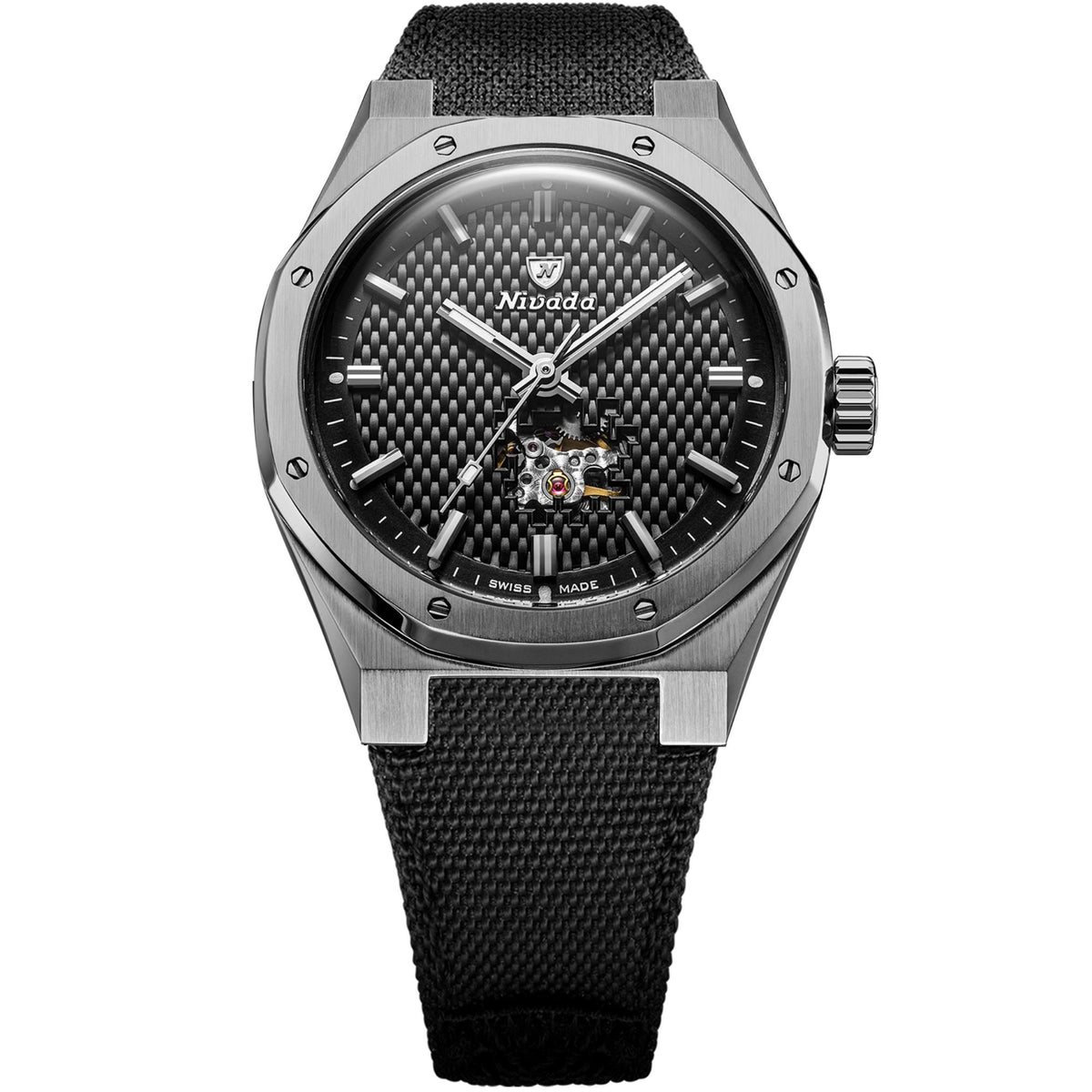 Nivada Grenchen F77 MK2 68023A77-BC full front view featuring open heart embossed carbon dial, titanium case, and black canvas strap