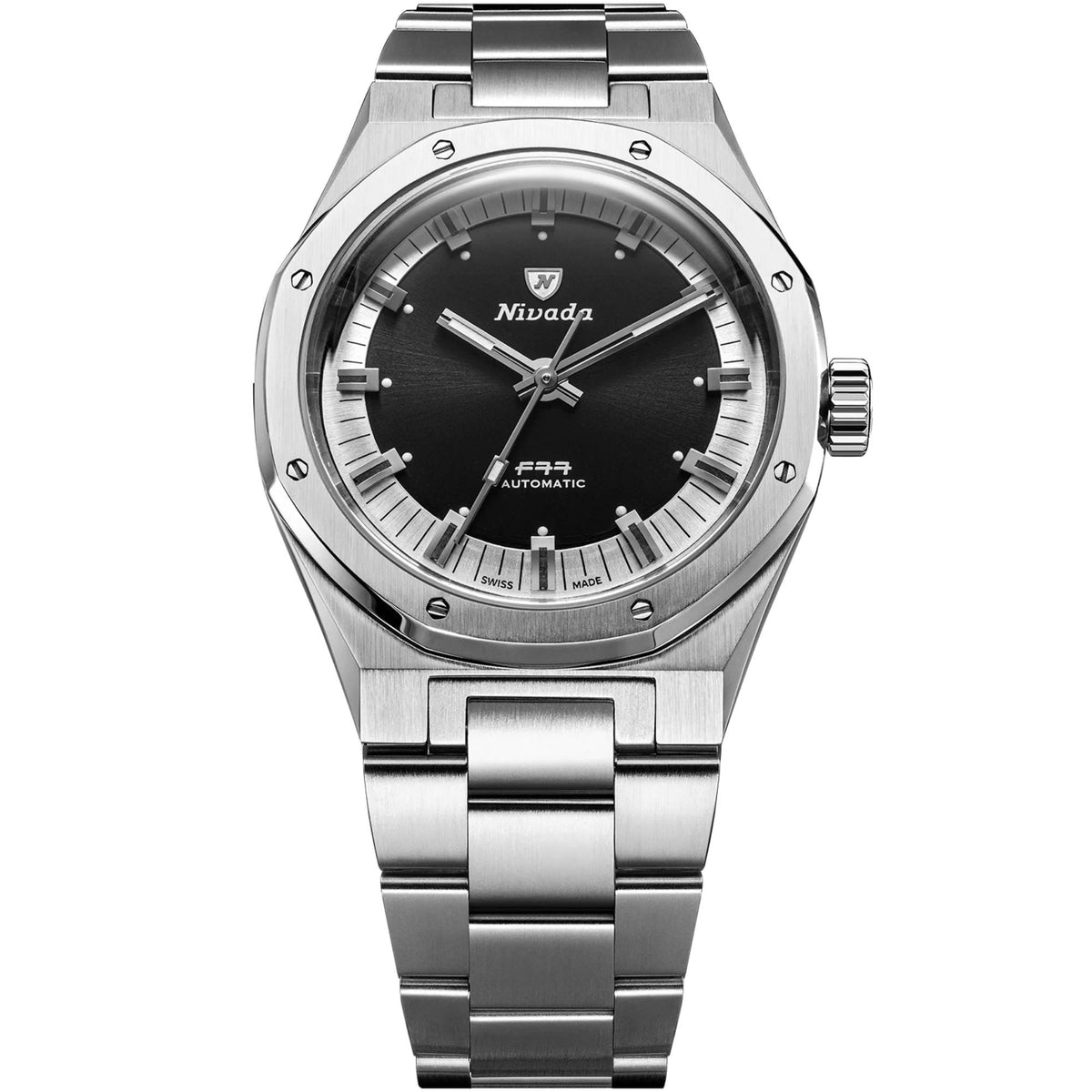 Nivada Grenchen F77 MK2 38mm Tuxedo Dial Steel Mens Automatic Watch 68063A77