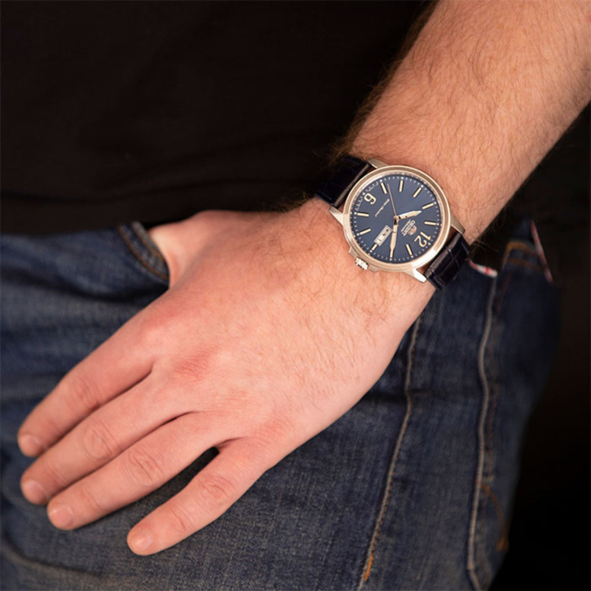 Orient Contemporary 42mm navy dial RA-AA0C05L39B automatic watch worn on wrist