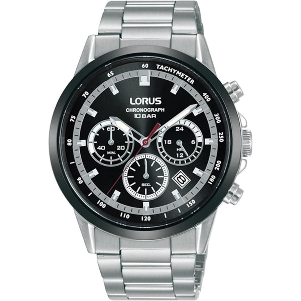 Lorus Sports Chronograph Quartz Black Dial Steel Strap Men's Watch RT397JX9