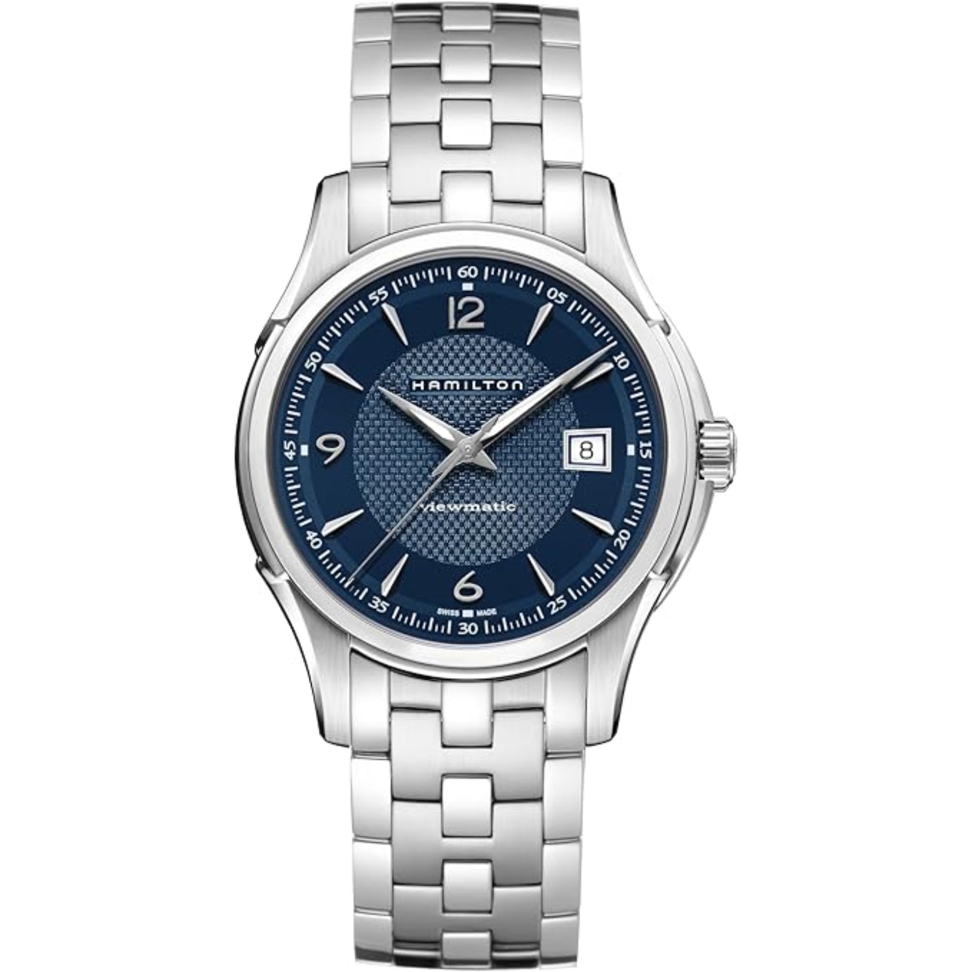 Hamilton Jazzmaster 40mm blue guilloche dial steel oyster bracelet automatic watch H32515145 front view